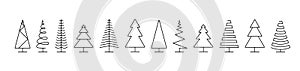 Christmas trees icons. Trees icons in a row, isolated on white background. Panorama view. Christmas tree in line flat design.