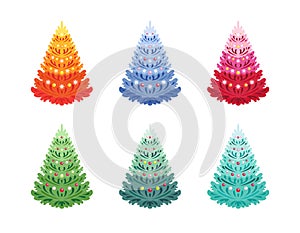 Christmas trees isolated on white background colorful set. Collection of beautiful decorations for the new year in different color