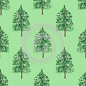 Christmas trees on a light green background seamless pattern. Watercolor fir trees. Ecology. New Year. For printing on fabric,