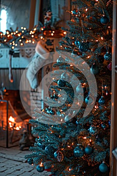 Christmas trees in a living room with fireplace an socks behind it