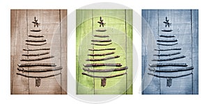 Christmas trees made of wooden branches with gifts. Triptych in brown, green and blue.