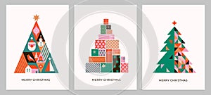 Christmas trees in modern minimalist geometric style. Story templates, posters, cards. Colorful illustration in flat