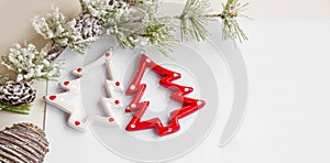 Christmas trees ornaments with snowy fir tree branch and copy sp