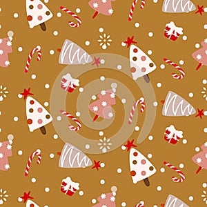 Christmas trees pink mustard seamless pattern. Xmas wrap paper background with snow and gifts.