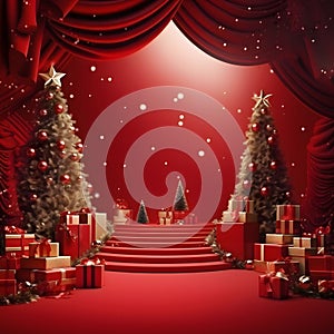 Christmas trees with red baubles, gifts with ribbons all around, red curtains, curtains and podium.Christmas banner with space for