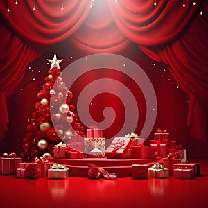 Christmas trees with red baubles, gifts with ribbons all around, red curtains, curtains and podium.Christmas banner with space for