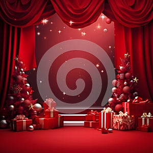 Christmas trees with red baubles, gifts with ribbons all around, red curtains, curtains and podium.Christmas banner with space for