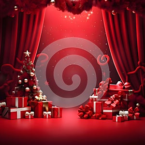 Christmas trees with red baubles, gifts with ribbons all around, red curtains, curtains and podium.Christmas banner with space for