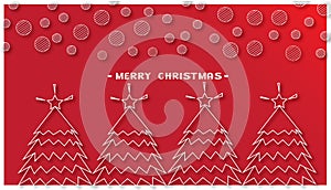 Christmas trees and round snowflake on red background