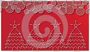 Christmas trees and round snowflake on red background