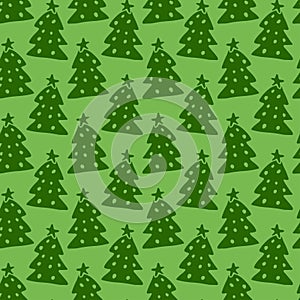 Christmas trees seamless pattern. Green vector wrapping texture. Background for holiday decoration.