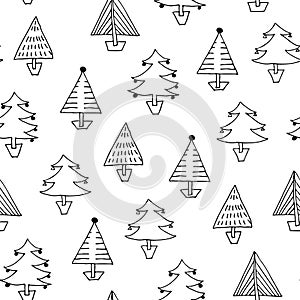 Christmas trees seamless pattern, hand drawn winter background