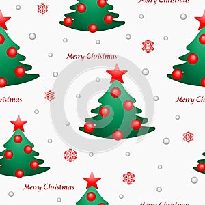 Christmas trees seamless pattern. Ornaments, snowflakes, stars and snow.