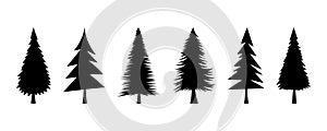 Christmas trees set. New Year\'s decorative elements of nature forest trees silhouettes. Pine, fir, spruce illustration