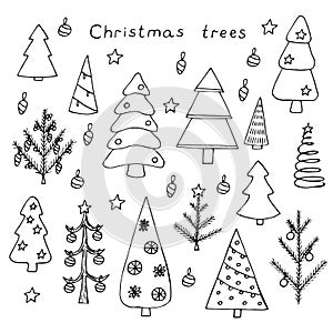Christmas trees set vector illustration, hand drawing doodles