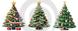 Christmas trees in simple cartoon and 3D styles. Winter season holiday decoration xmas tree vector illustration