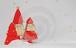 Christmas trees in snow drifts festive realistic 3d new year composition. white background. 3D rendering illustration.