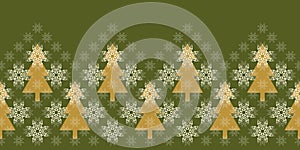 Festive Christmas horizontal pattern border with gold trees and white stars on a green background.