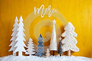 Christmas Trees, Snow, Yellow Background, Merci Means Thank You
