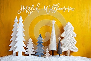 Christmas Trees, Snow, Yellow Background, Willkommen Means Welcome