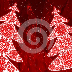 Christmas trees from snowflakes. Red christmas background.