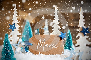 Christmas Trees, Snowflakes, Wooden Background, Merci Means Thank You