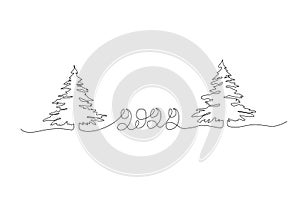 Christmas trees or spruce. Vector illustration made in one line with the numbers of the new year 2022.