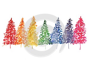 Christmas trees watercolor in rainbow colors