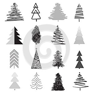 Christmas trees on white. Set for icons on isolated background. Geometric elements. Holiday objects for flyers, posters, t-shirts