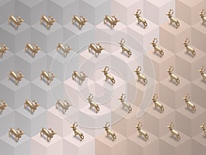 Christmas, trendy tile, pattern, isometric photography, Golden reindeers, 3D champagne color blocks in the background, winter, aut
