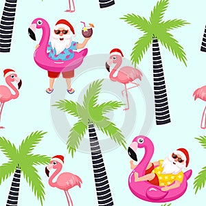 Christmas tropical pattern with Santa Claus and flamingo. Vector seamless texture.