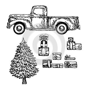 Christmas truck with christmas tree and gifts, presents. Happy new year