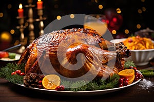 Christmas turkey dinner. Belek turkey garnished with red berries and sage leaves