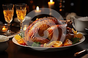 Christmas turkey dinner. Belek turkey garnished with red berries and sage leaves