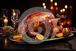 Christmas turkey dinner. Belek turkey garnished with red berries and sage leaves