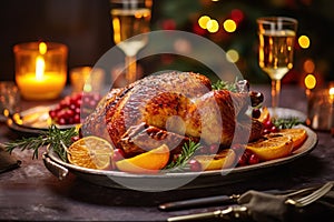 Christmas turkey dinner. Belek turkey garnished with red berries and sage leaves