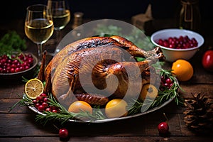 Christmas turkey dinner. Belek turkey garnished with red berries and sage leaves