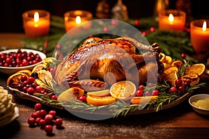 Christmas turkey dinner. Belek turkey garnished with red berries and sage leaves