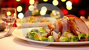 Christmas turkey dinner with Brussels sprouts. Generative AI