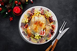 Christmas turkey. Roast Christmas turkey garnished for holiday Christmas dinner. Traditional food for Christmas.