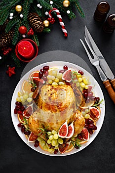 Christmas turkey. Roast Christmas turkey garnished for holiday Christmas dinner. Traditional food for Christmas.