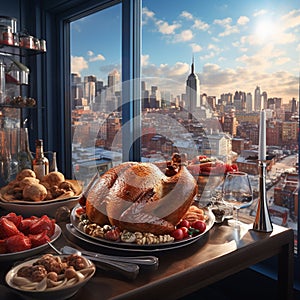 Christmas turkey serving beautiful view 1. Luxury tourist resort breakfast in hotel room.