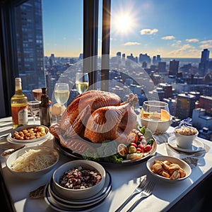 Christmas turkey serving beautiful view 2 table setting . Luxury tourist resort breakfast in hotel room.