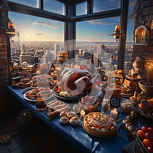 Christmas turkey serving beautiful view 4. Luxury tourist resort breakfast in hotel room.