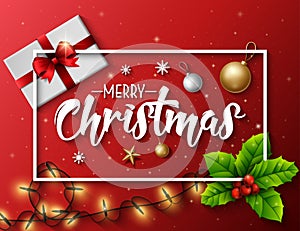 Christmas typographical red background with lights bulb and elements