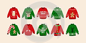 Christmas Ugly sweaters set. Cute sweater doodles. Isolated. Vector