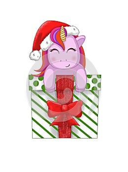 Christmas Unicorn.Unicorn with gift box.