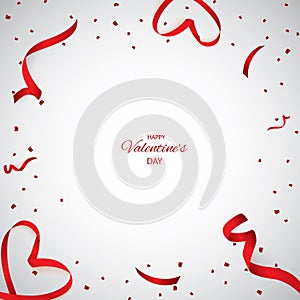 Christmas, Valentine s Day red confetti with ribbon on a white background. Falling shiny confetti glitters. Holiday