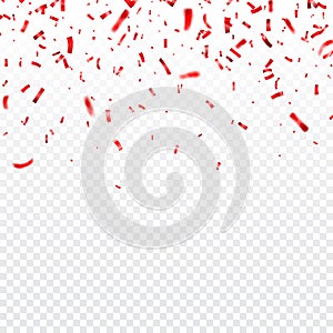 Christmas, Valentines day red confetti on transparent background. Falling shiny confetti glitters. Festive party design