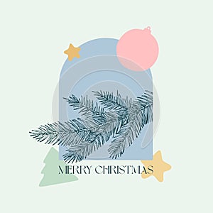 Christmas Vector Background Decorative Layout. Spruce Branch with Holiday Geometry Shapes Boho Label. Contemporary